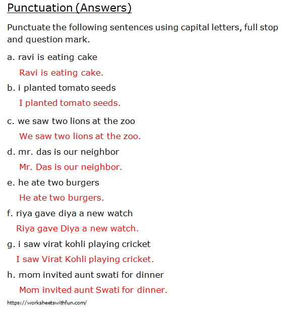 English Class 1 Punctuation Punctuating Sentences Worksheet 8 Answers 
